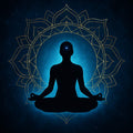 Silhouette of a person meditating in front of a large mandala with an activated third eye.
