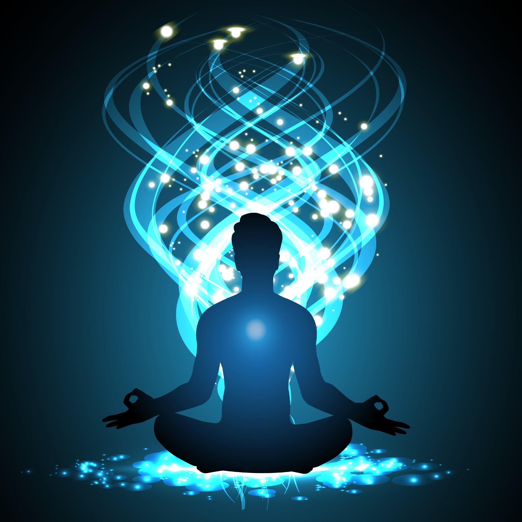 A meditating silhouette surrounded by bright, swirling blue energy and white sparkles rising from the base, representing the intuition rite.