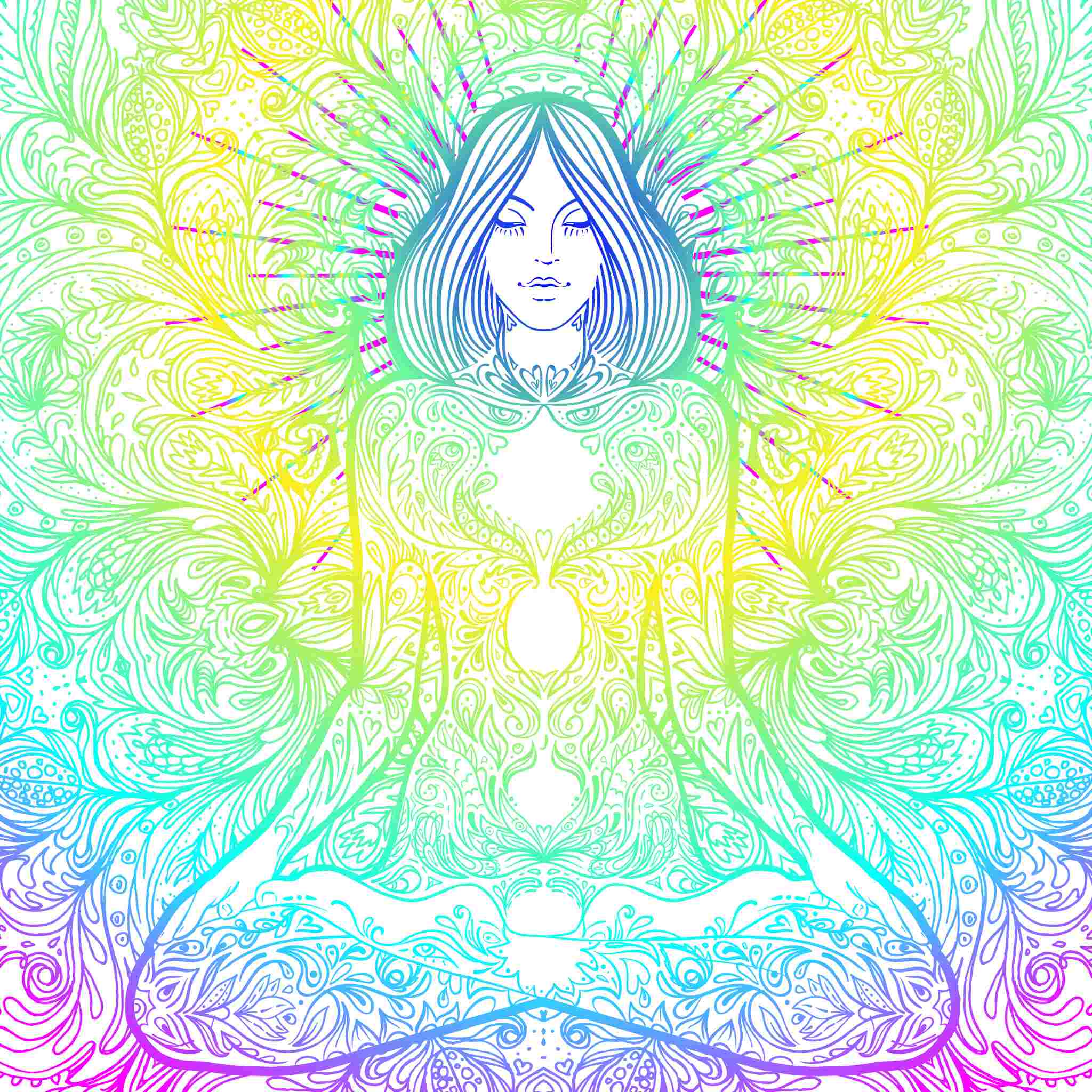 Detailed line art of a figure in a meditation pose, surrounded by swirling mandala patterns, all rendered in bright, flowing rainbow gradient colours.
