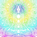 Colourful mandala with a central figure on a multicoloured background.