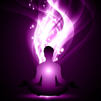 A striking abstract digital illustration featuring the silhouette of a person sitting in a meditation pose. A bright, powerful column of swirling white and magenta light, resembling flames or energy trails, rises from the figure's body against a dark purple background, visually representing the awakening of the kundalini.