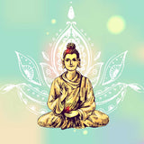 Illustration of an enlightened person meditating with a colourful background.