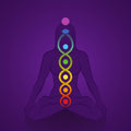 Silhouette of a person in meditation with chakras and kundalini energy on a purple background