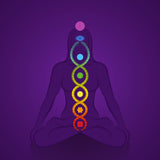 Silhouette of a person in meditation with chakras and kundalini energy on a purple background