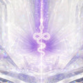 Premium Kundalini Reiki Master Teacher course graphic featuring a glowing white rising energy serpent surrounded by iridescent purple crystal prisms.