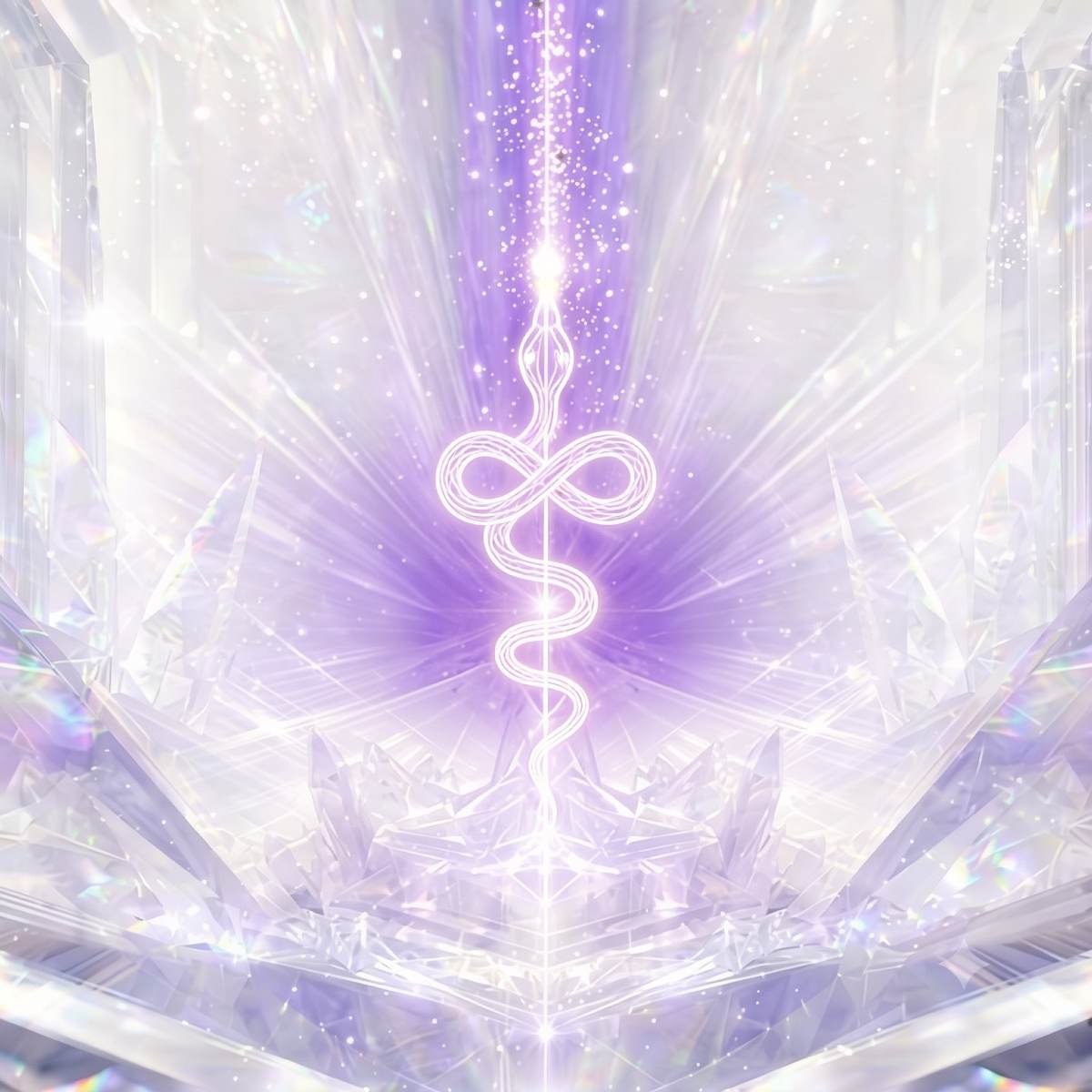 Premium Kundalini Reiki Master Teacher course graphic featuring a glowing white rising energy serpent surrounded by iridescent purple crystal prisms.