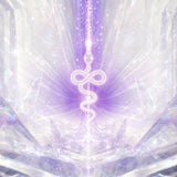 Premium Kundalini Reiki Master Teacher course graphic featuring a glowing white rising energy serpent surrounded by iridescent purple crystal prisms.