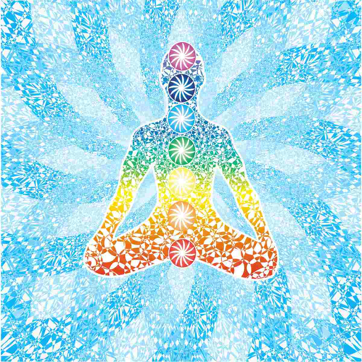 Meditating figure filled with colourful mosaic patterns and seven spinning chakra symbols, set against a swirling light-blue crystalline background.