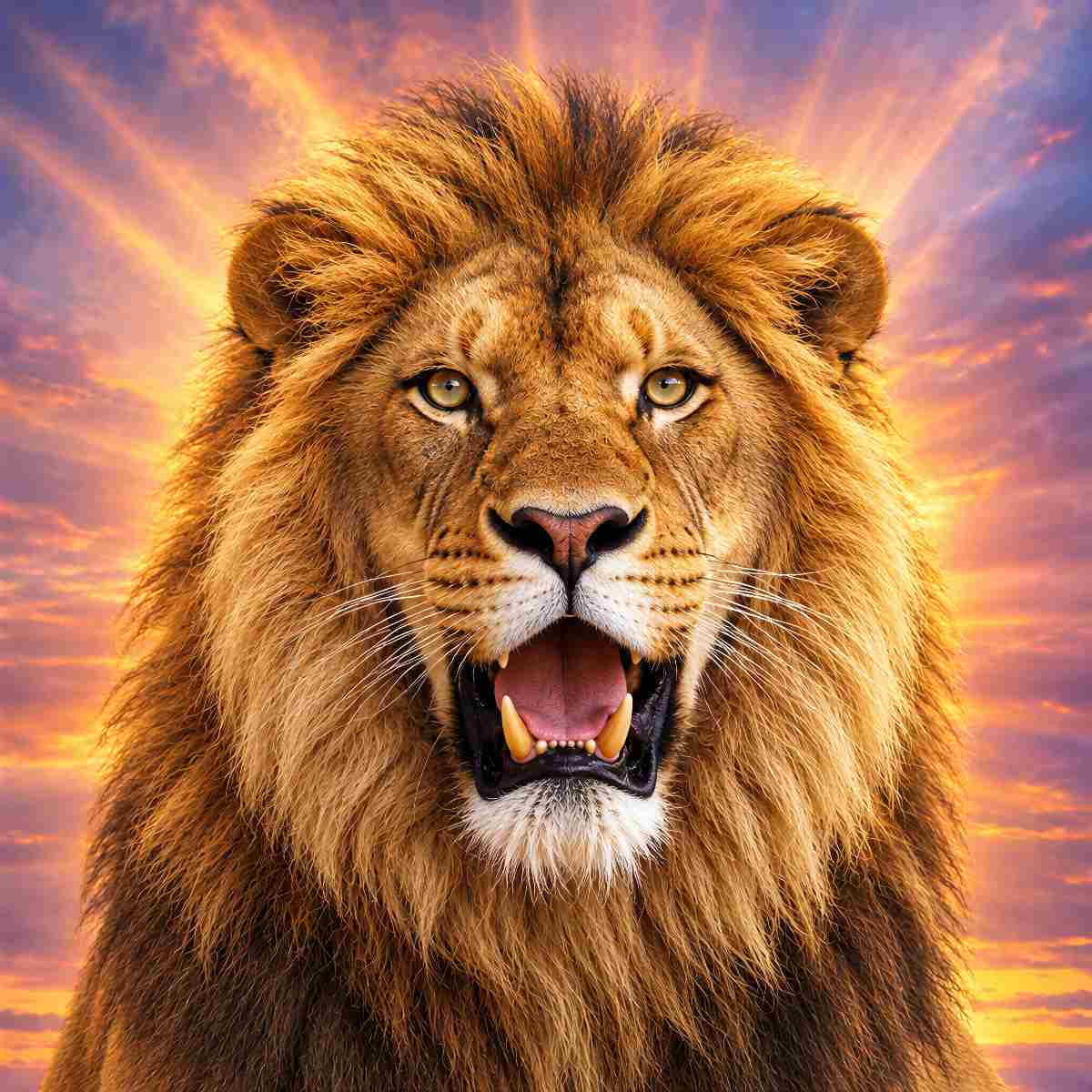 Close-up portrait of a male lion with an open mouth set against a fiery sunset sky with radiating sunbeams.