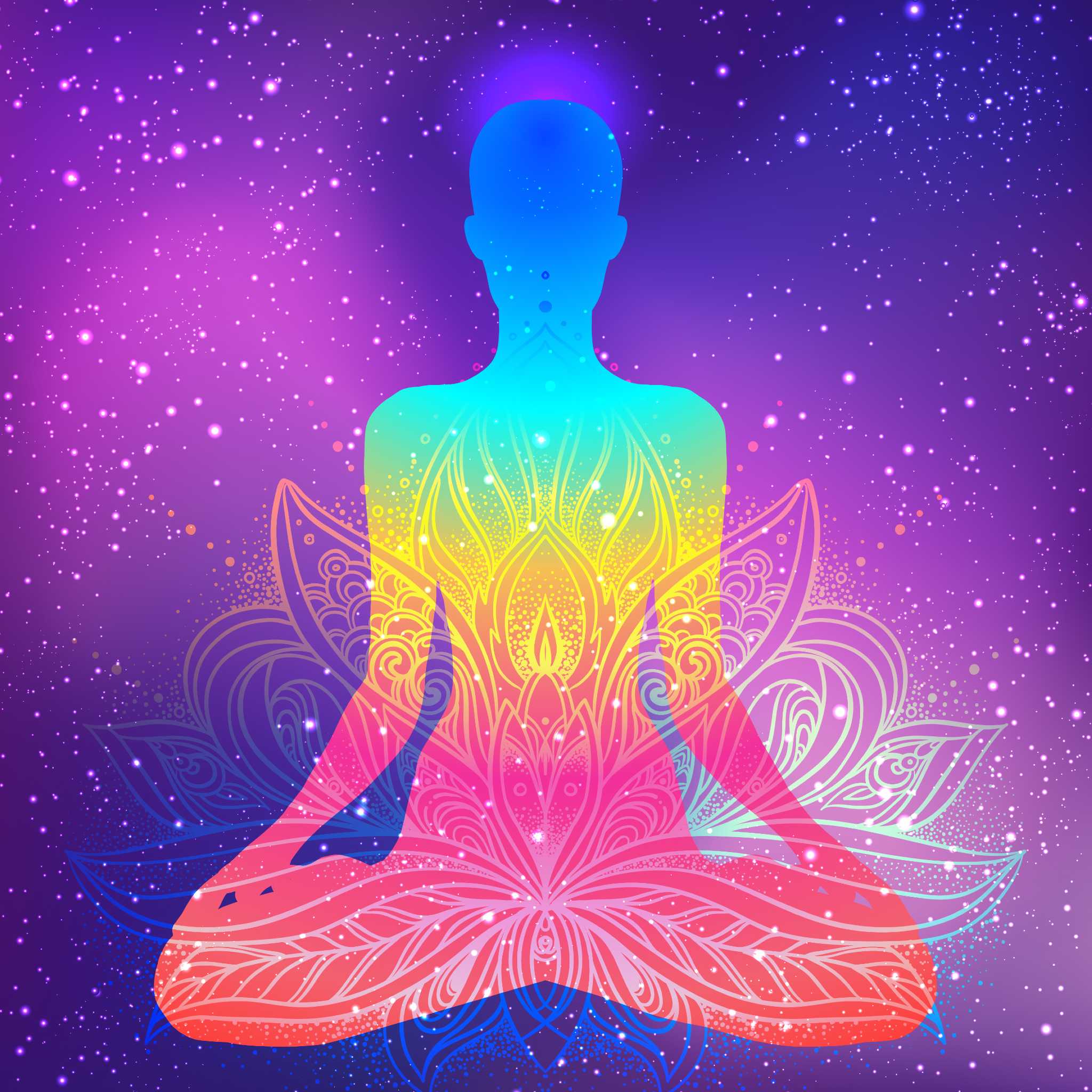 A figure meditating in lotus position with a rainbow aura, suggesting live your truth.