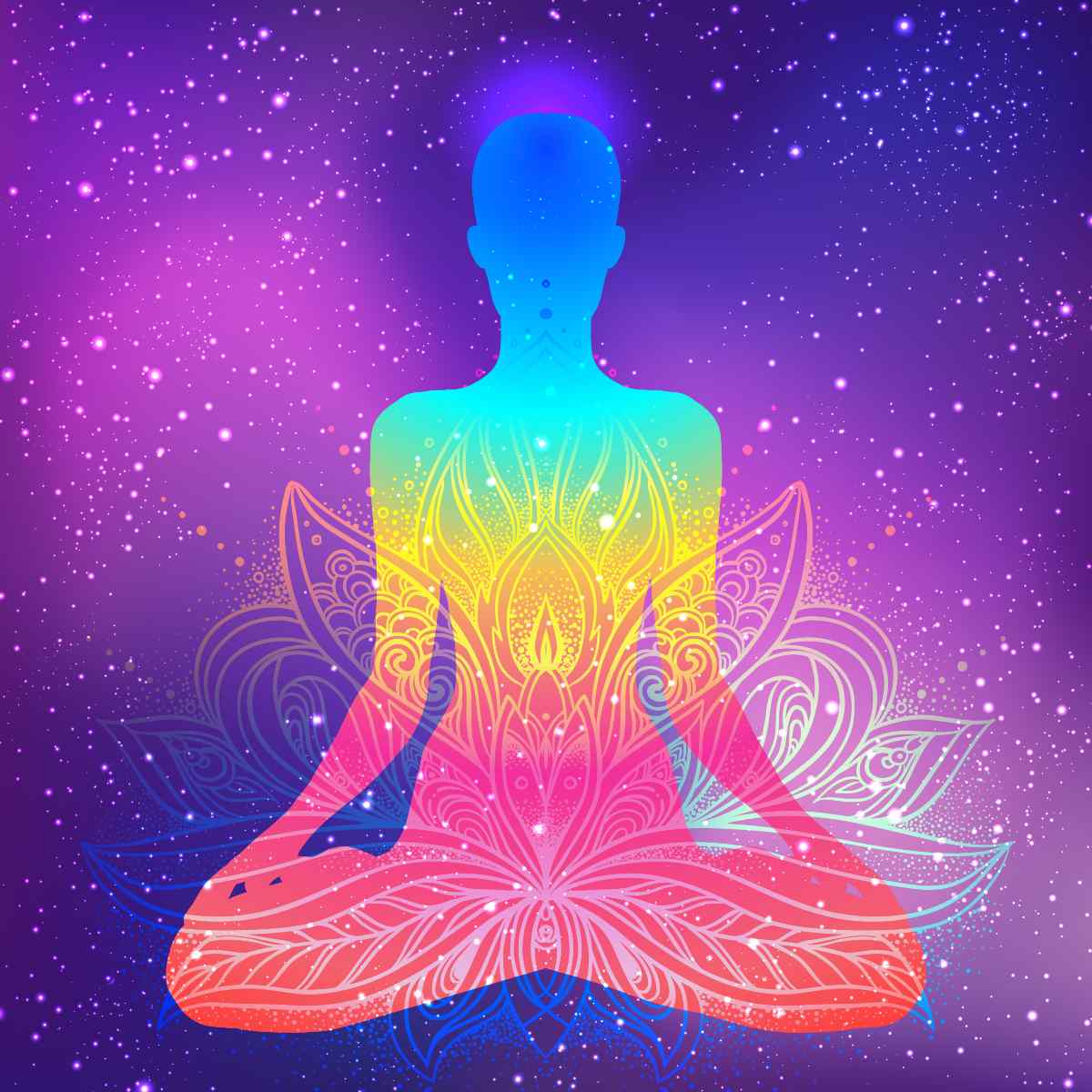 A figure meditating in lotus position with a rainbow aura, suggesting live your truth.