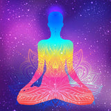 A figure meditating in lotus position with a rainbow aura, suggesting live your truth.