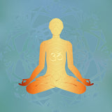 A glowing orange silhouette meditating in the lotus position with the Om symbol on its chest, against a blue mandala, representing the live your truth rite.