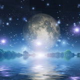 A large mystical moon over water and trees representing lunar fairy magic energies.
