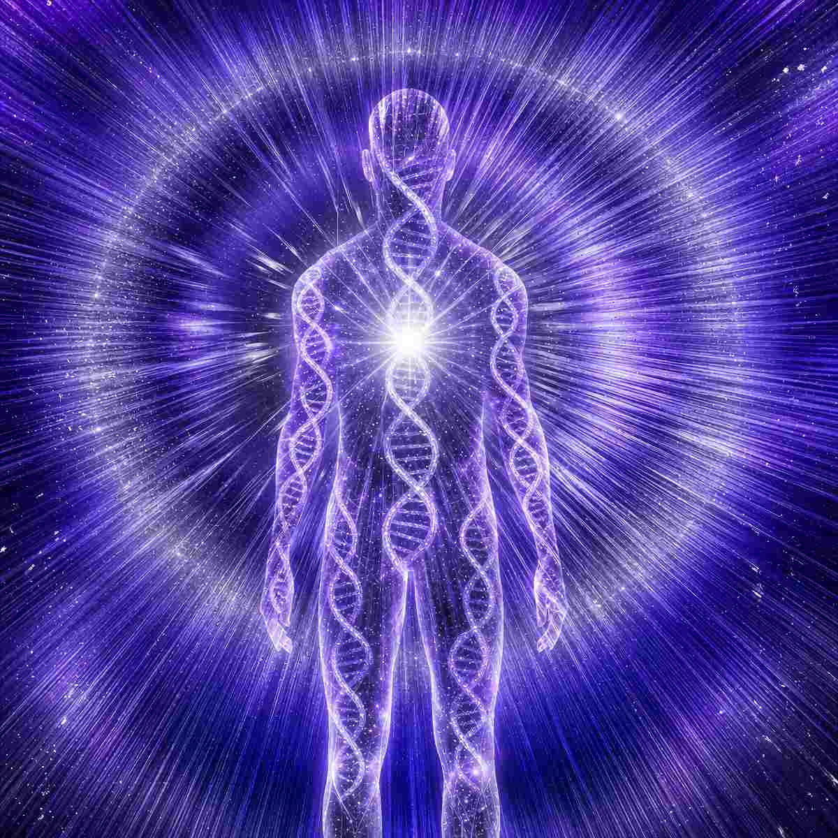 Translucent human figure with glowing DNA double helix strands running through the body, surrounded by a radiant purple energy aura and burst of light rays.