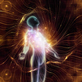 A translucent, glowing figure with its head tilted back and arms spread, radiating a bright white and pink light from the chest. The figure is surrounded by swirling, abstract golden and brown light waves, suggesting energy or an aura.