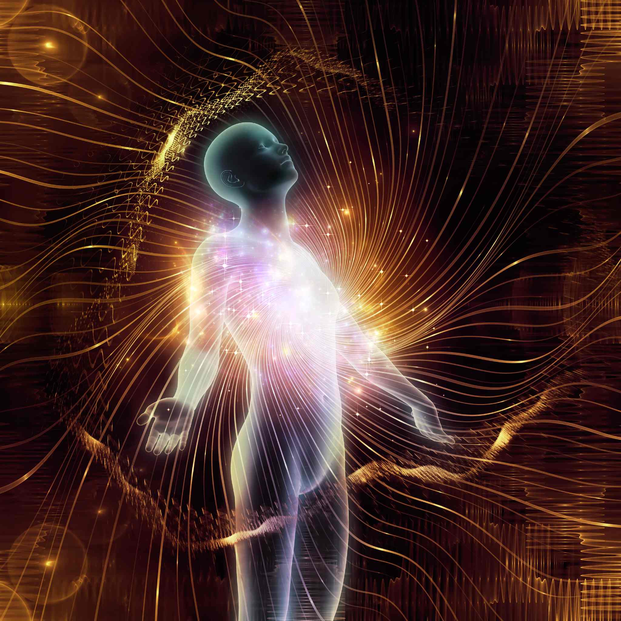 A translucent, glowing figure with its head tilted back and arms spread, radiating a bright white and pink light from the chest. The figure is surrounded by swirling, abstract golden and brown light waves, suggesting energy or an aura.