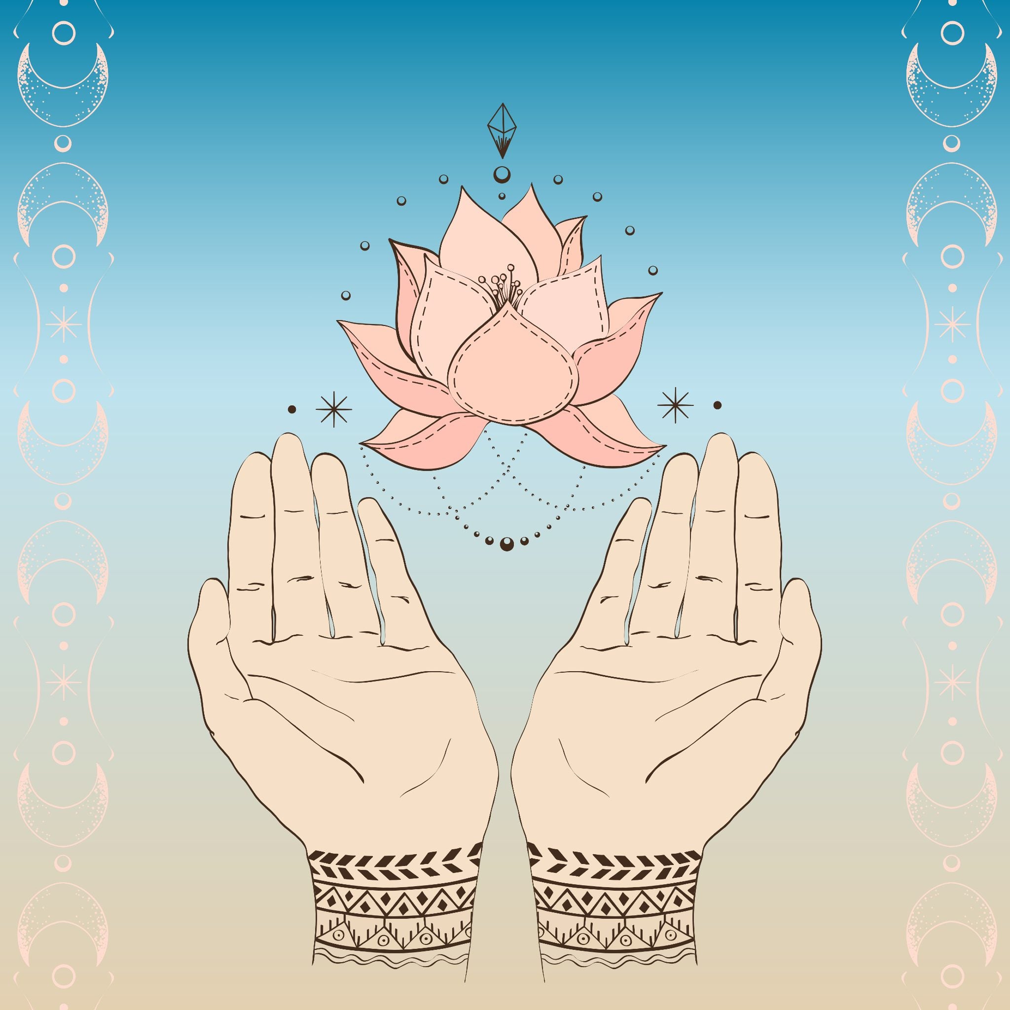 Manifestation Rite: line art illustration of two hands cupped beneath a detailed pink lotus flower and sacred symbols, against a pastel blue and pink gradient background.