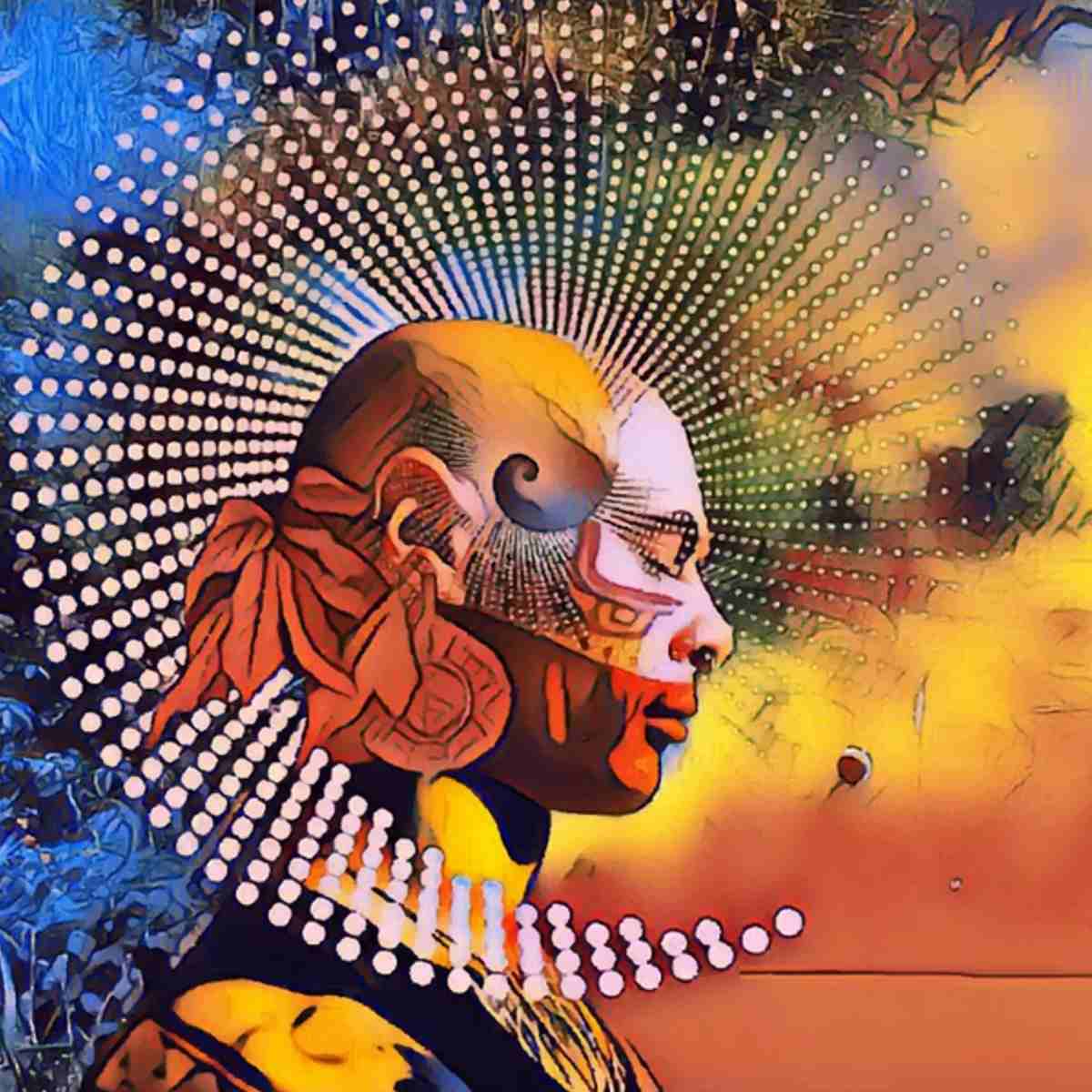 A vibrant portrait artwork of a mans profile with a large halo-like burst of white dots radiating behind his head.