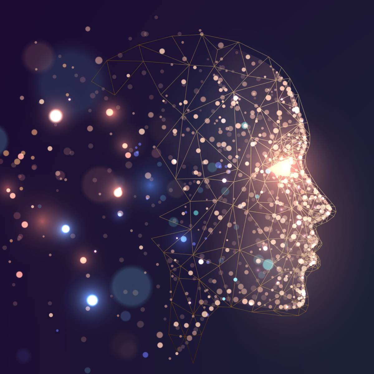 Digital art of a human head silhouette composed of geometric lines and dots against a dark background with bokeh lights.