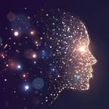 Digital art of a human head silhouette composed of geometric lines and dots against a dark background with bokeh lights.
