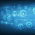 Digital representation of currency symbols and binary code on a blue background.