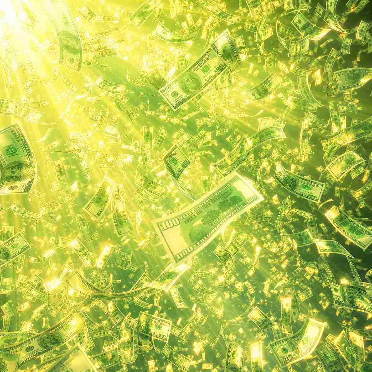 A flood of green money surrounded by empowering and manifesting bright light energy.