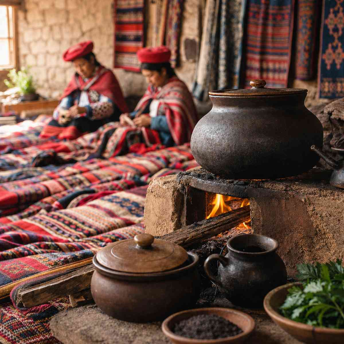 Traditional clay pots heating over an open fire on a hearth, with women in colourful Andean clothing sitting behind.