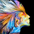 Colourful abstract design of a flowing face symbolising negative energy clearing.