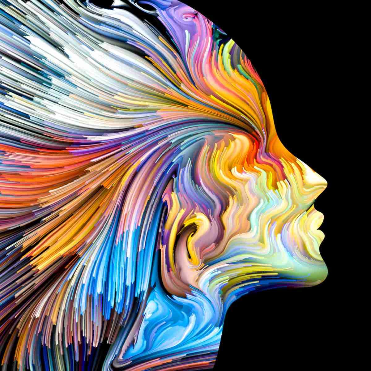 Colourful abstract design of a flowing face symbolising negative energy clearing.