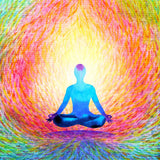 Negative Energy Clearing Treatment: watercolour illustration of a blue meditating silhouette figure surrounded by a vibrant, swirling rainbow of purifying light.