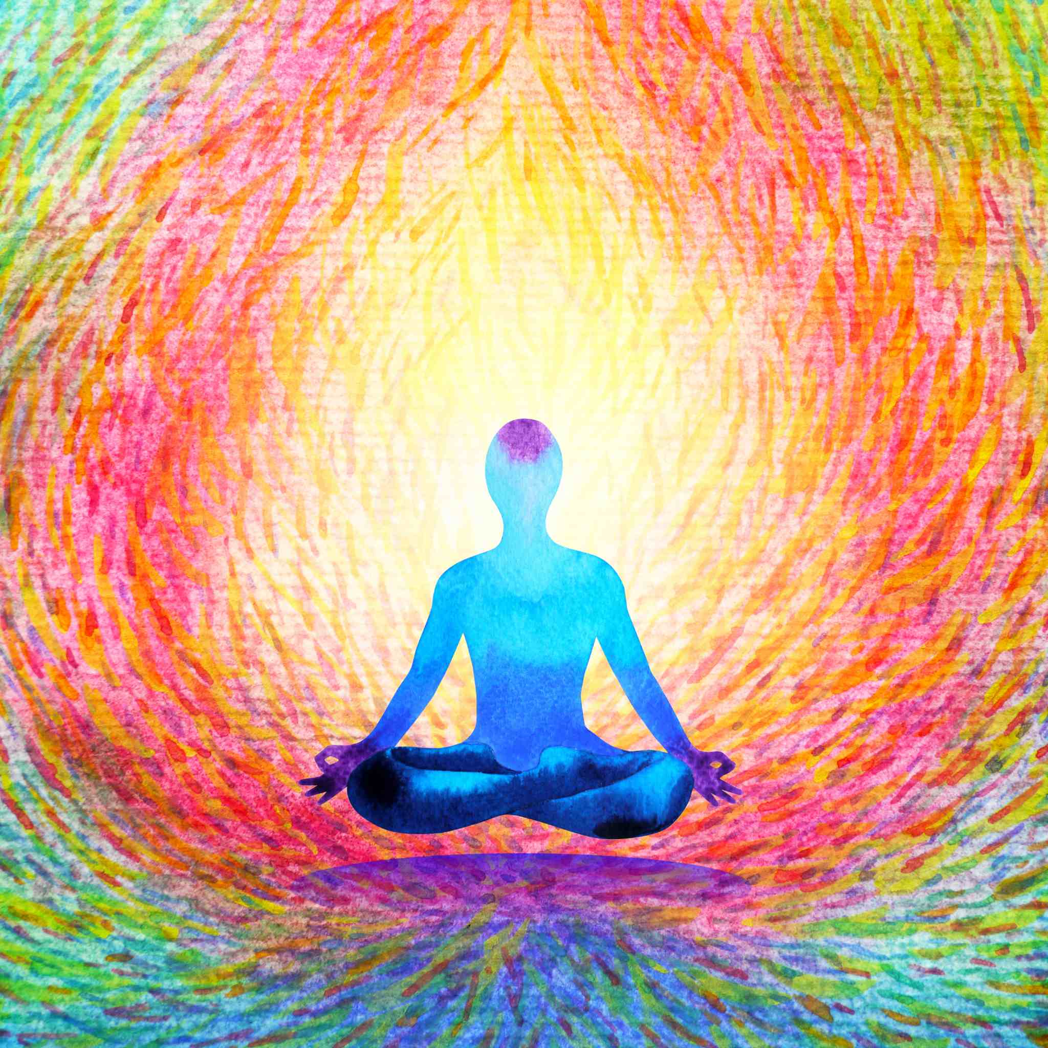 Negative Energy Clearing Treatment: watercolour illustration of a blue meditating silhouette figure surrounded by a vibrant, swirling rainbow of purifying light.