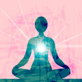 A meditating silhouette in teal and green with a bright white light in the chest, set against a pink-streaked background, representing negativity safeguard.