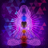 An intricate digital illustration of a woman meditating in the lotus position, outlined in glowing purple and pink neon lines with ornate patterns covering her body. Beams of magenta light radiate from her chest, where a black heart symbol is centred. The background is a vibrant purple cosmic field filled with geometric triangles and stars.