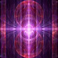 An intricate fractal abstract design featuring intersecting circles and vertical bands of brilliant magenta and red light, set against a dark purple and black background.