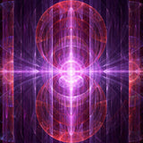 An intricate fractal abstract design featuring intersecting circles and vertical bands of brilliant magenta and red light, set against a dark purple and black background.