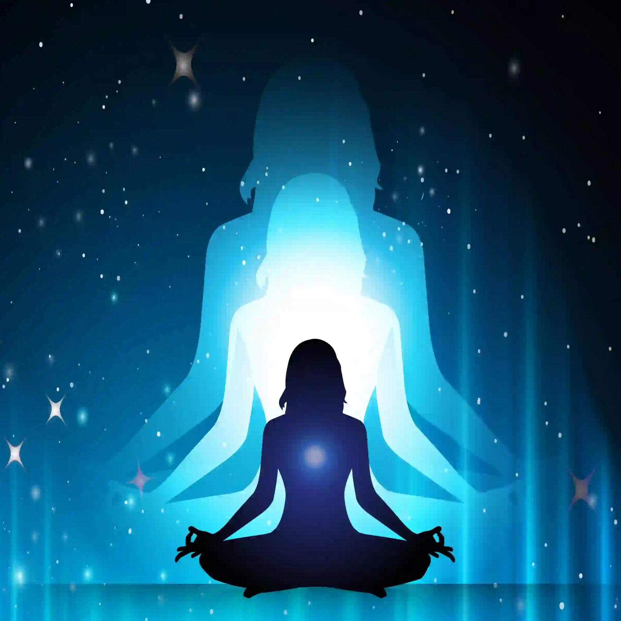 A dark silhouette of a person sitting in the lotus position in a glow-in-the-dark blue environment. A larger, lighter blue, ethereal silhouette of a figure or angel stands behind the person, radiating a bright white light from its core. The background is a dark blue, starry night sky with twinkling four-pointed stars.