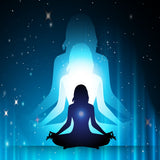 Silhouette of a person meditating with a blue glow against a starry night sky.
