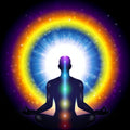 Silhouette of an enlightened person in meditation with a rainbow energy circle and chakra colours on a dark background.