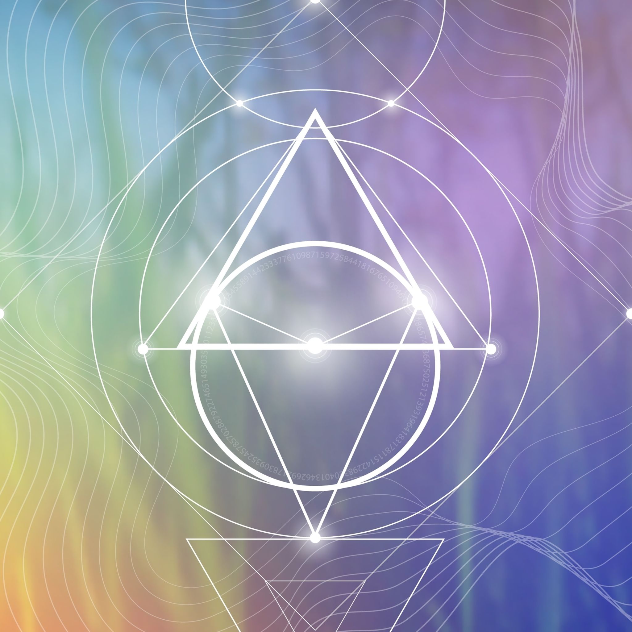 An abstract image featuring a white outline of a tetrahedron inscribed within a circle at the centre, surrounded by other geometric lines and points, all overlaid on a softly coloured, undulating background of pastel rainbow hues, including blue, purple, pink, and yellow.