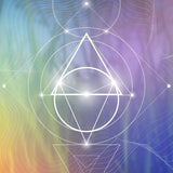 Geometric design with triangles and circles on a colourful, wavy background.