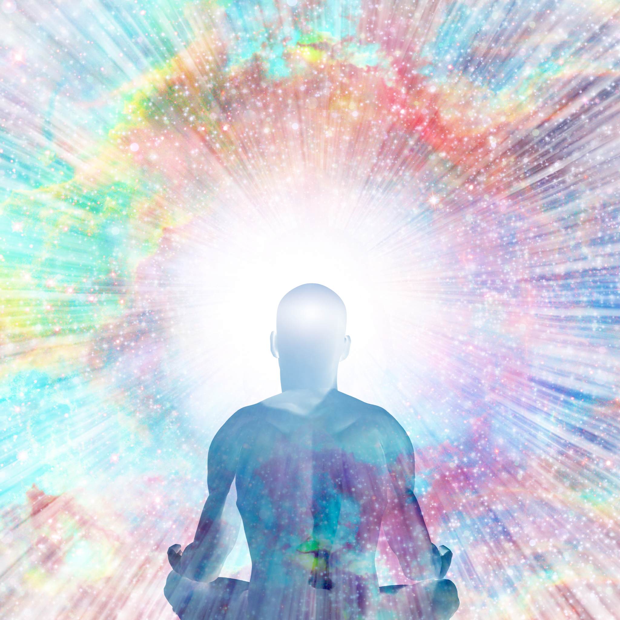 A bright, vibrant illustration of a human figure meditating in a lotus pose, with their upper body a translucent blue filled with cosmic colours, and an intense white light emanating from the centre of their head, surrounded by a swirling, multi-coloured nebula and stars.