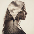 A double exposure portrait featuring the silhouette of a woman's profile overlaid with a vintage, sepia-toned street scene of a long, cobblestone road, with old European buildings on either side and a lone figure walking away in the distance.