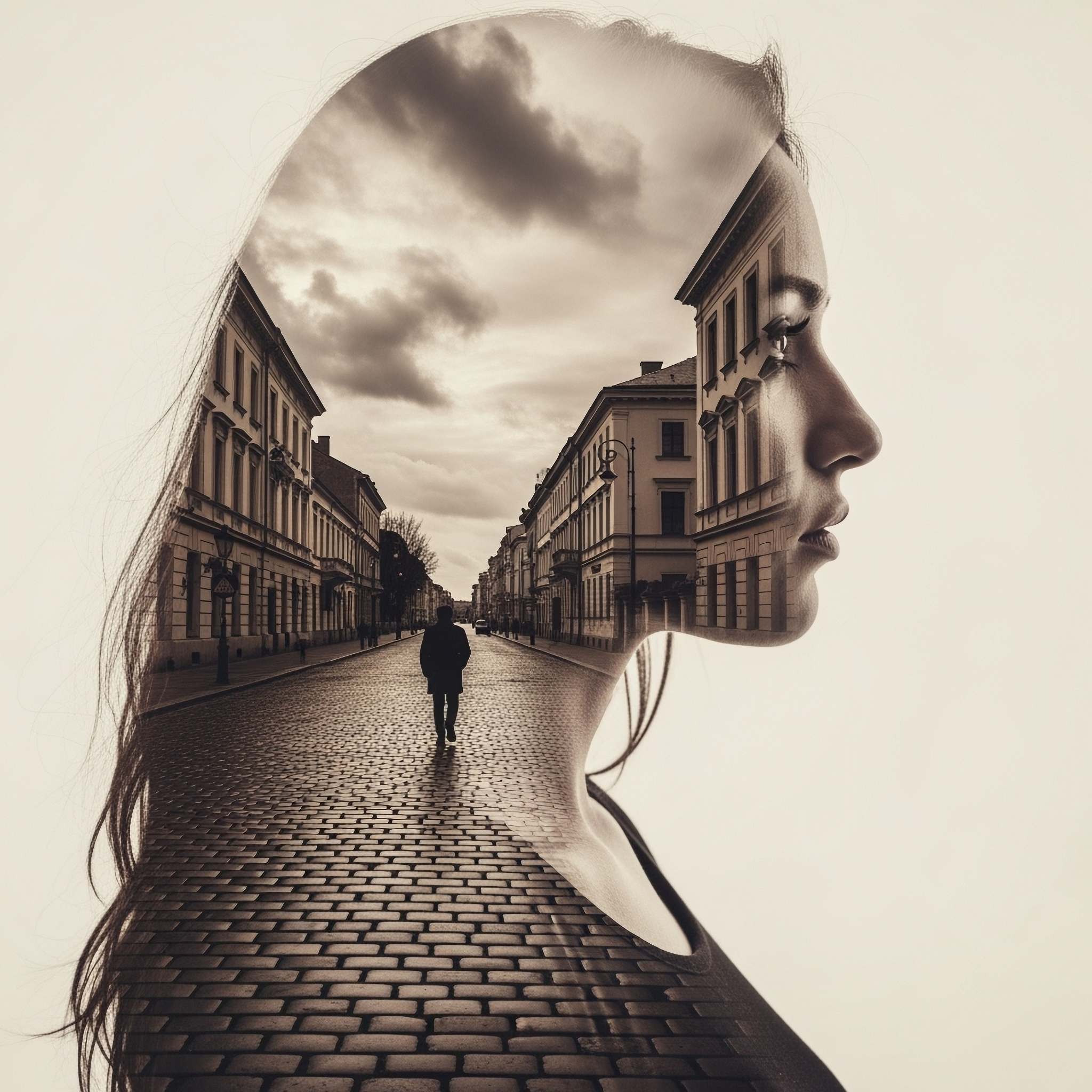 A double exposure portrait featuring the silhouette of a woman's profile overlaid with a vintage, sepia-toned street scene of a long, cobblestone road, with old European buildings on either side and a lone figure walking away in the distance.