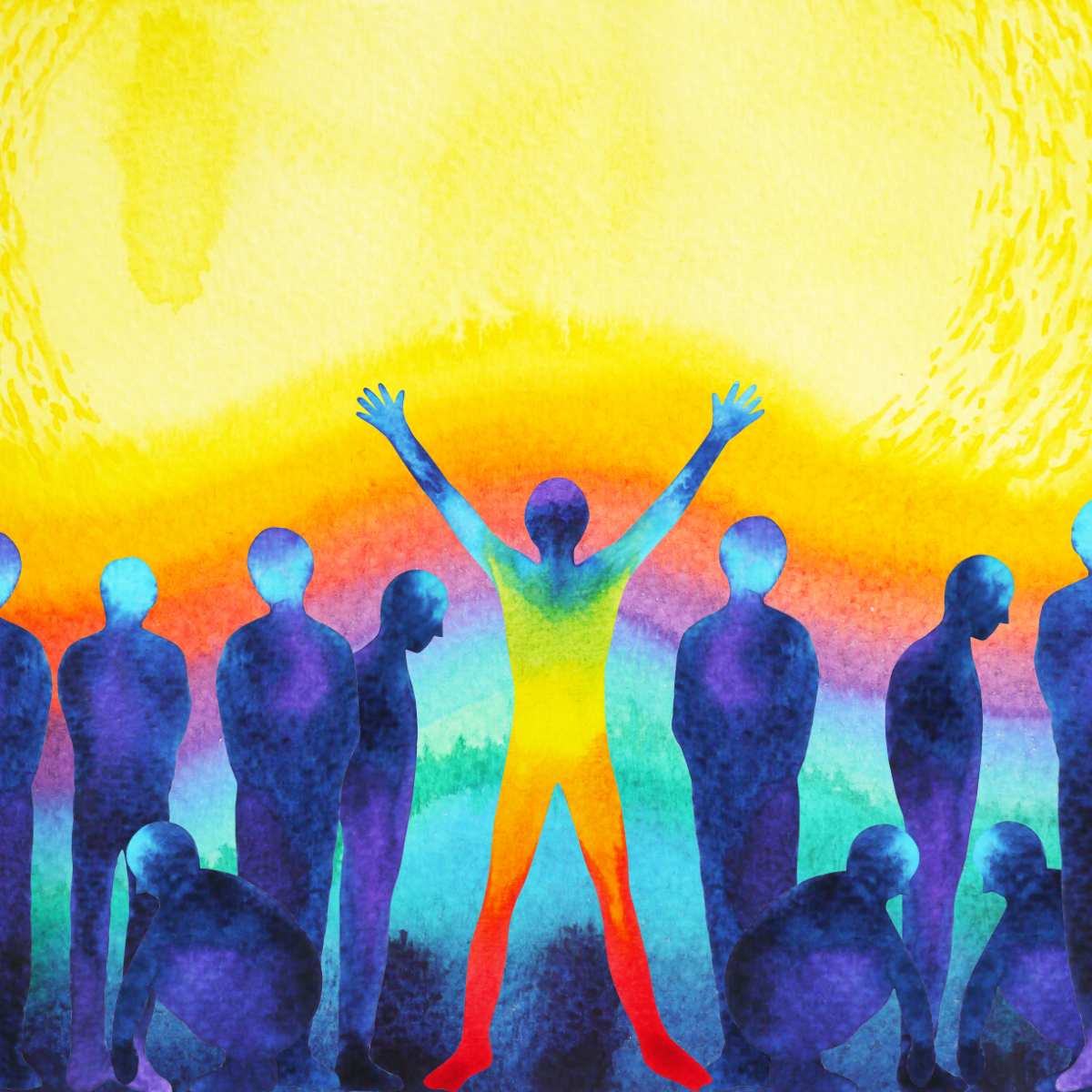 Colourful abstract painting of a colourful figure with raised arms against a vibrant background alongside darker figures.