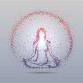 A person in a meditation pose is created and surrounded with red and purple dots on a light grey background.