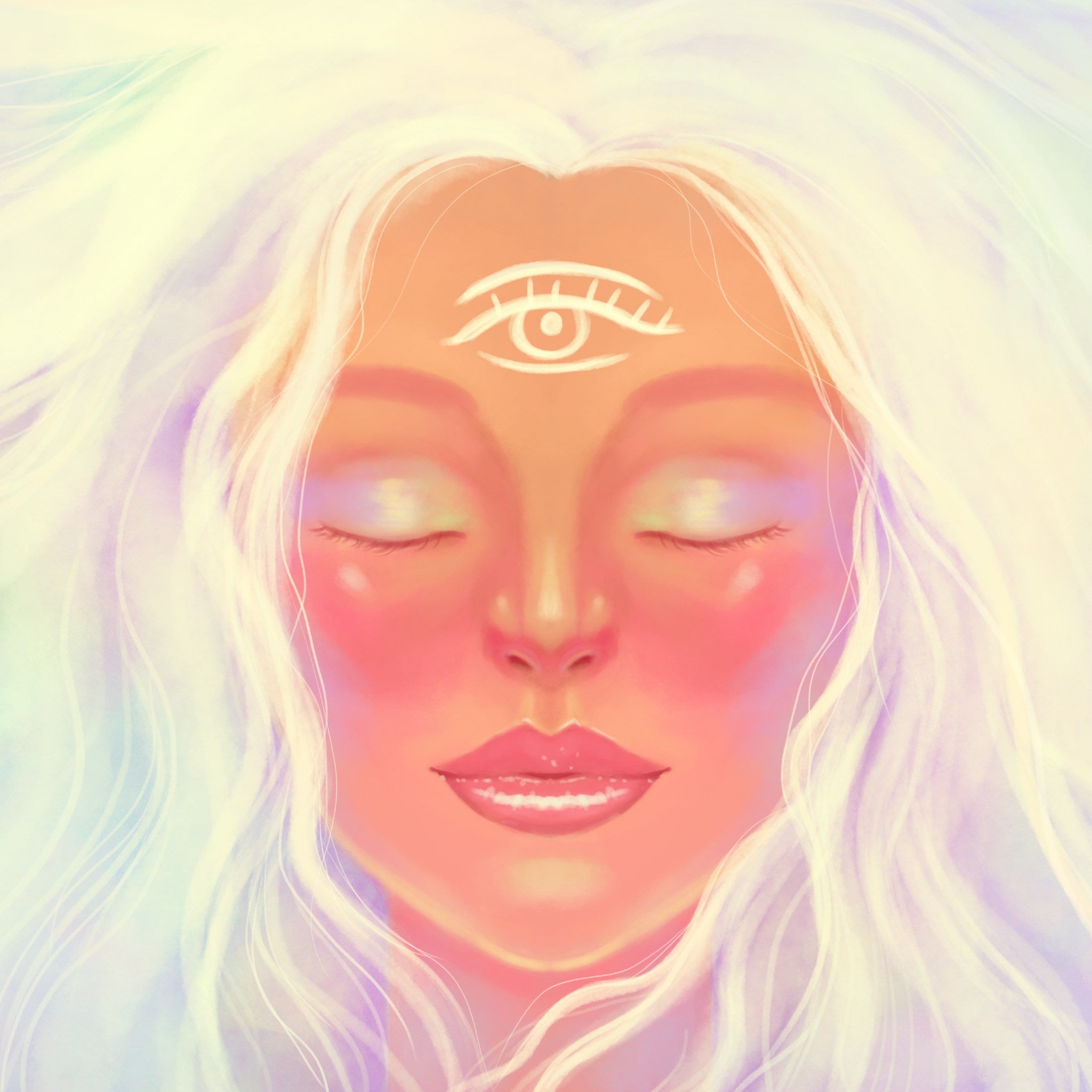 A close-up digital painting of a serene woman's face with her eyes closed in meditation. She has long, flowing white hair, rosy cheeks, and a stylised, open eye symbol painted on her forehead, representing the Third Eye. The soft, ethereal lighting in warm peach, pink, and pale yellow tones signifies the spiritual focus of the psychic medium path alignment dedication.
