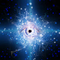 Abstract design with a central third eye-like figure surrounded by blue and white lights on a dark background.