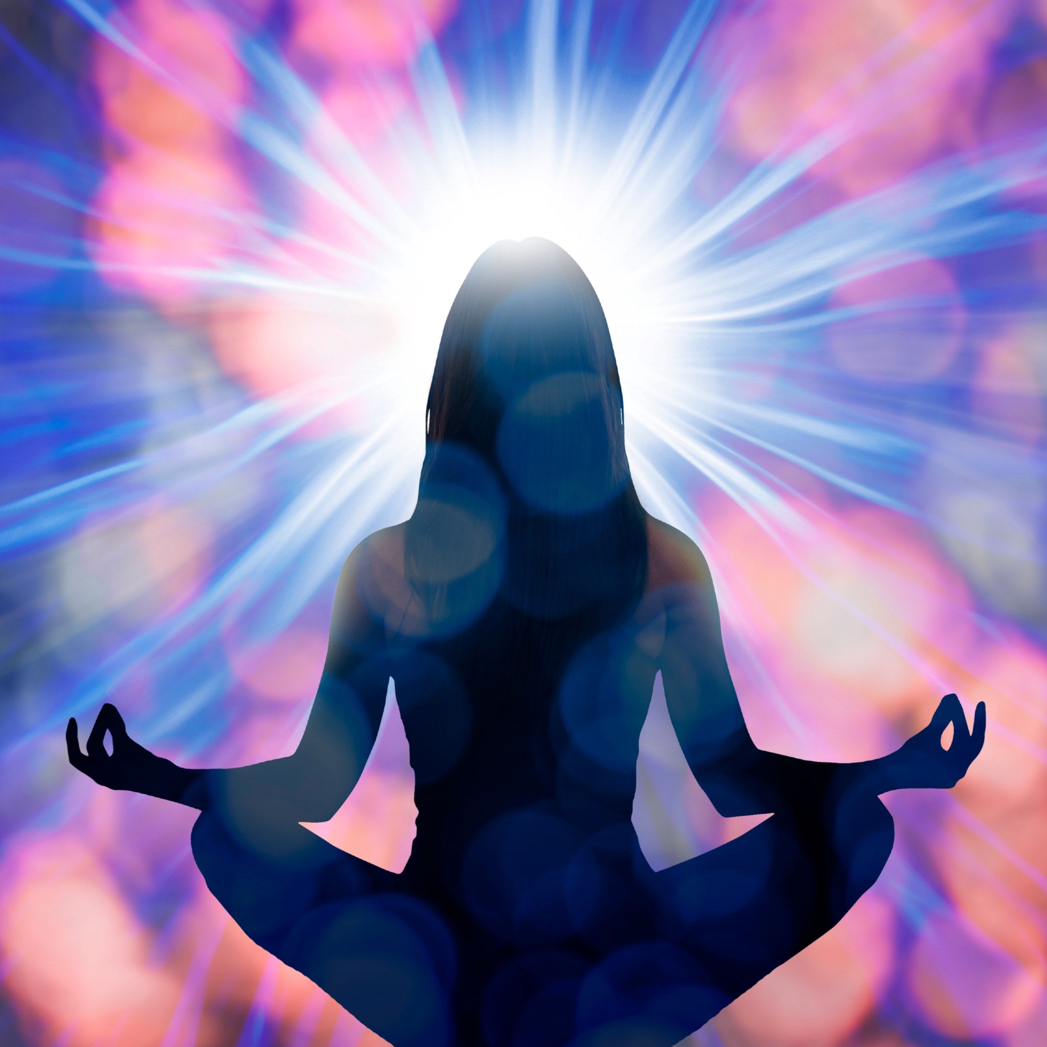 A digitally enhanced illustration featuring the dark silhouette of a female figure sitting in a meditation pose. A blinding white light bursts from her crown chakra, surrounded by light rays against a blurred, bokeh background of bright pink, blue, and purple circles, representing the  psychic third eye energy of Reiki.