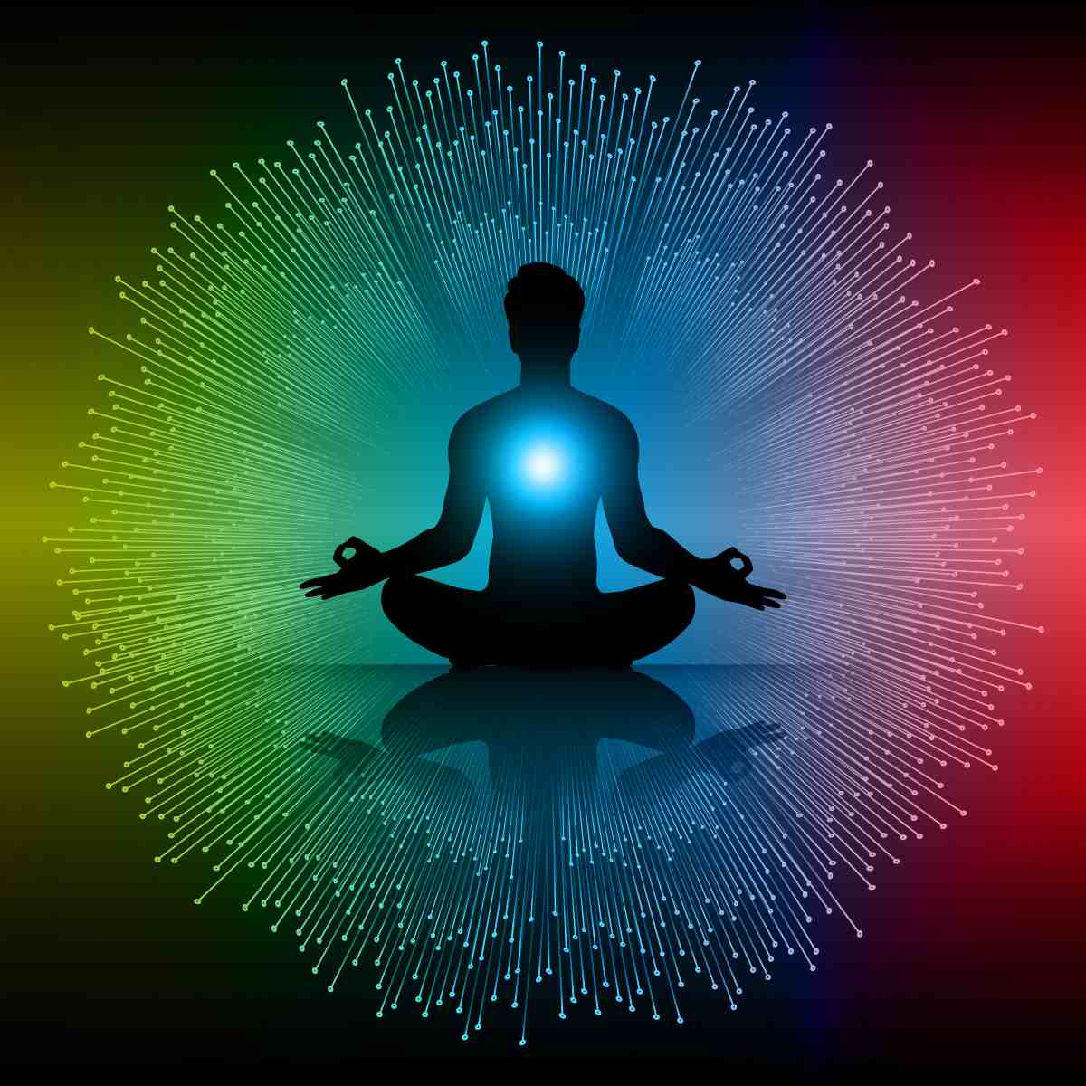 Silhouette of a person meditating with colourful radiating lines on a dark background.